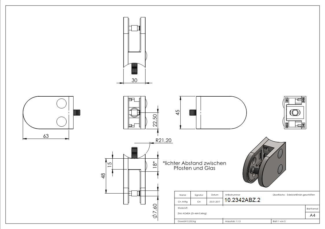 Glasklemme 63x45x30 mm AbZ fuer Anschluss Ø 42-4 mm Edelstahleffekt-10-2342ABZ.2