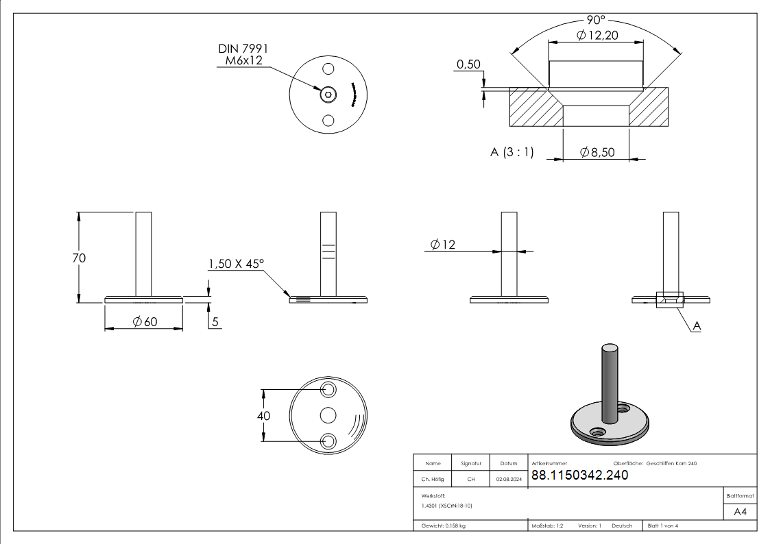 Handlaufstuetze V2A Ronde Ø 60 x 5 mm- Stift Ø 12 mm- Hoehe 70 mm anschraubbar-88-1150342.240