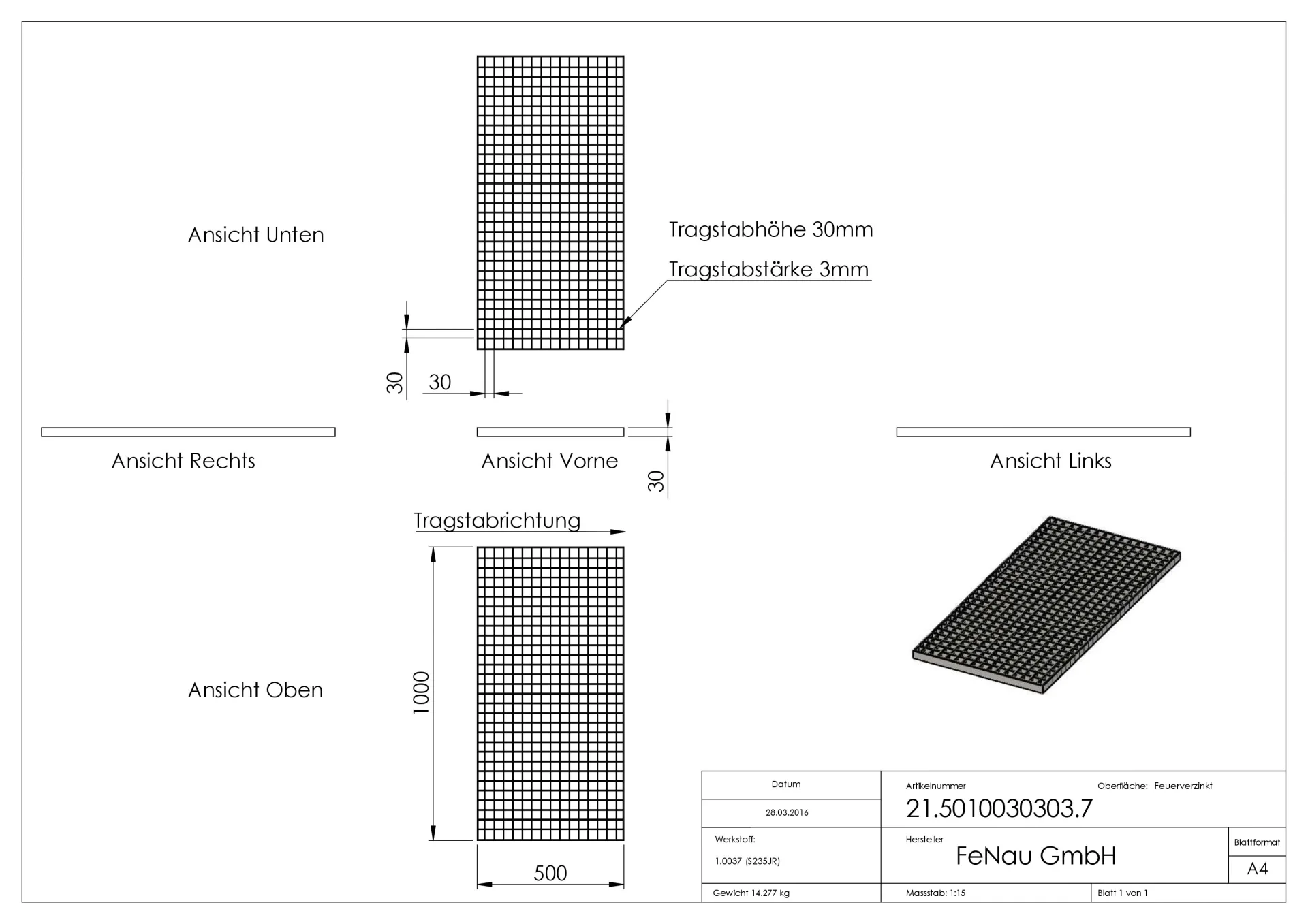 Industrie-Gitterrost - Masse- 500x1000x30 mm; MW 30-30 mm; 30-3 mm - S235JR -St37-2- im Vollbad feuerverzinkt-21-5010030303.7