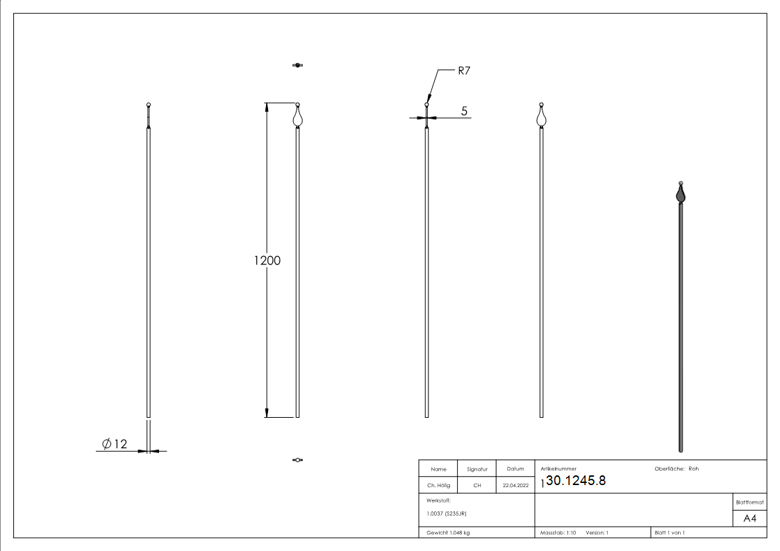 Zaunstab Laenge- 1200 mm Material Ø 12 mm - Spitze mit Kugel Stahl S235JR- roh-30-1245.8
