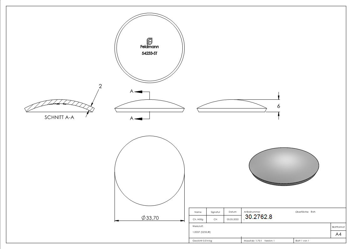 Klopperboden Rohrabschluss Ø 33-7x2-0 mm Stahl roh Hoehe- 6 mm-30-2762.8
