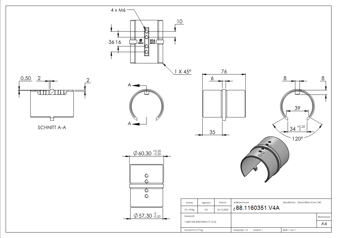 Rohrverbinder fuer Nutrohr 60-3 x 1-5mm- V4A-88-1160351.V4A