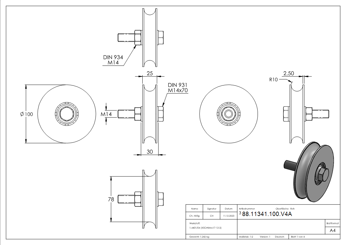 Schiebetorrolle Edelstahl V4A Ø 100 mm Rundrille Ø 20 mm 2 Kugellager-88-11341-100.V4A