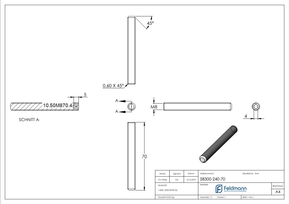 Gewindestift M8 x 70 mm- V2A-10-50M870.4