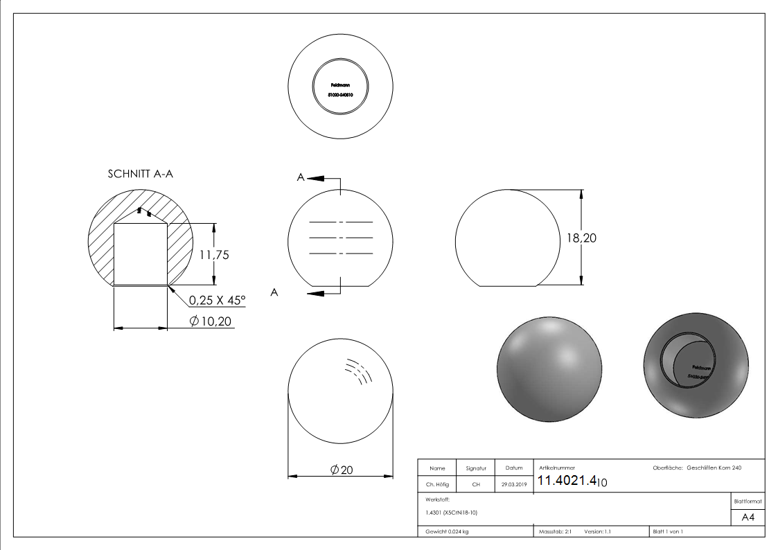 Kugel - Ø 20 mm - mit Sackloch- 10-2 mm - V2A Vollmaterial-11-4021.4