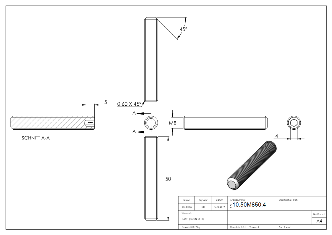 Gewindestift V2A M8 x 50 mm Innensechskant Kegelkuppe DIN 913-10-50M850.4