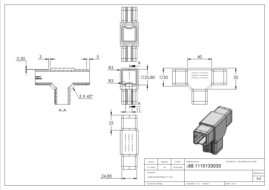 T-Verbinder V4A fuer 30x30x2 mm Rohr zum Stecken-88.1110133030