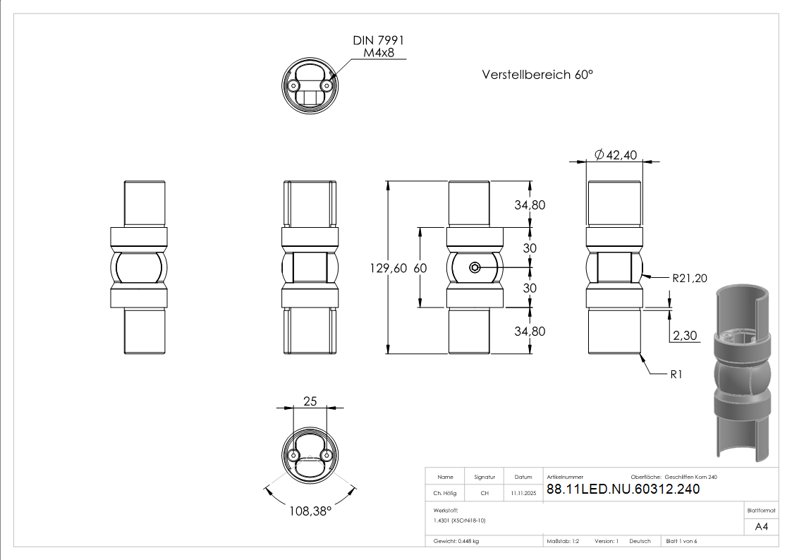 Gelenkverbinder fuer LED-Nutrohr 42-4mm- V2A-88-11LED-NU-60312.240