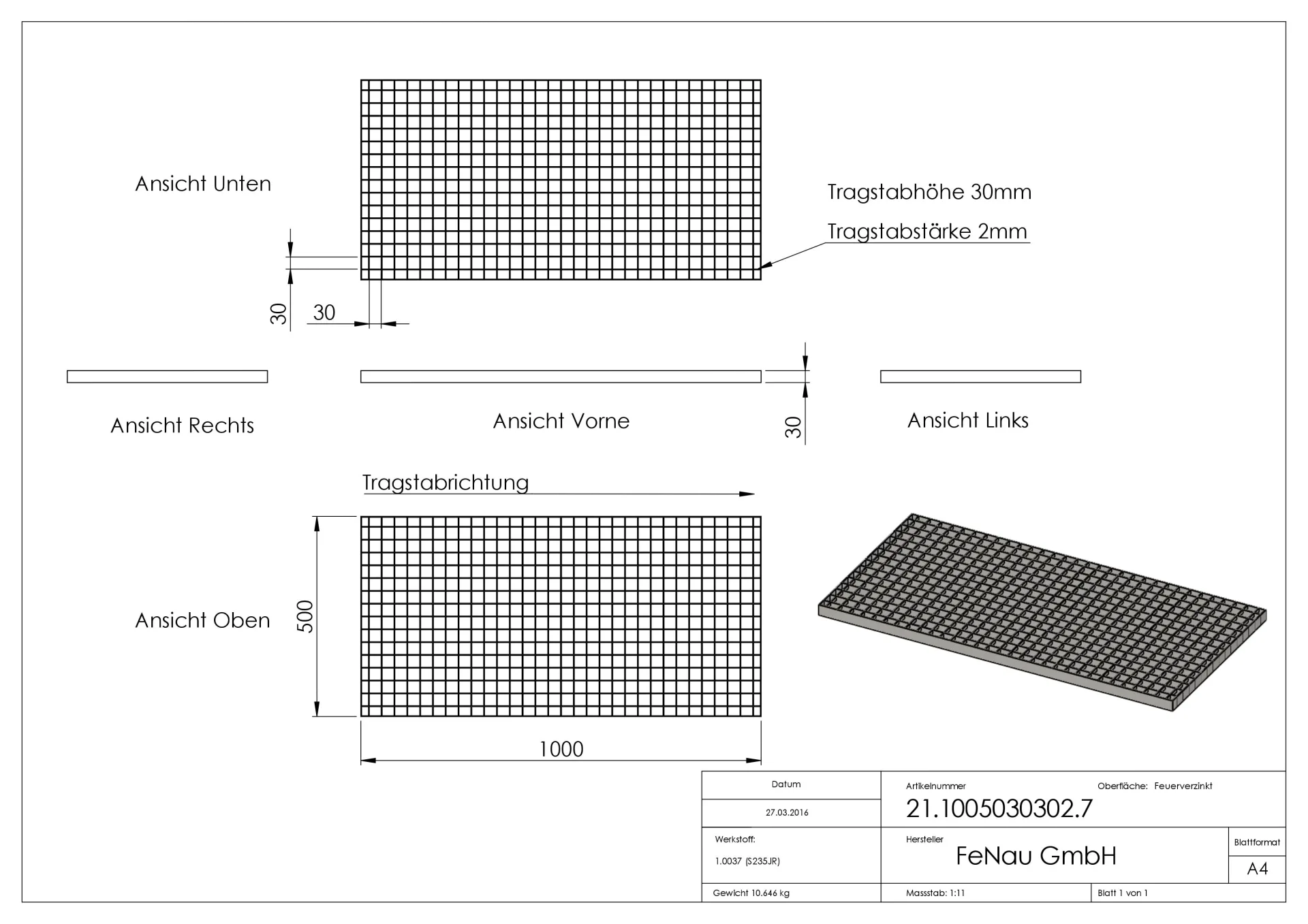 Industrie-Gitterrost - Masse- 1000x500x30 mm; 30-30 mm; 30-2 mm - S235JR -St37-2- im Vollbad feuerverzinkt-21-1005030302.7