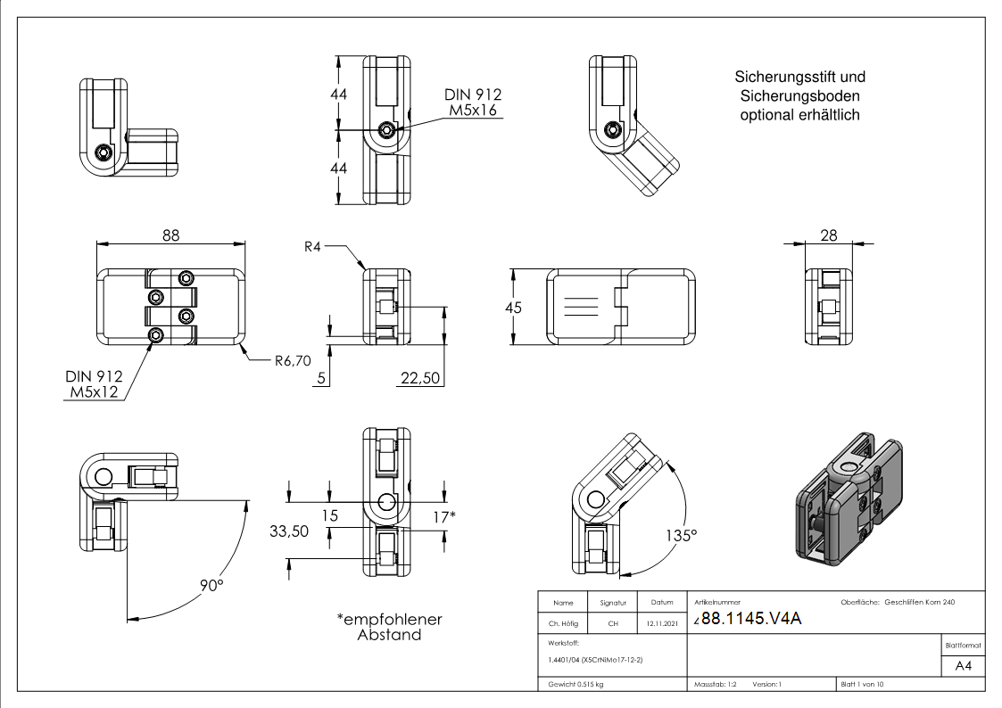 Verstellbare Glasklemme Mod- 45- in V4A-88-1145.V4A