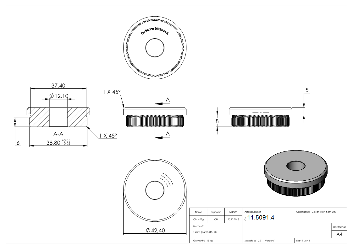 Einsteckkappe Edelstahl V2A fuer Rohr Ø 42-4x2-0 mm flach mit 12-1 mm Bohrung zum Einschlagen-11-5091.4