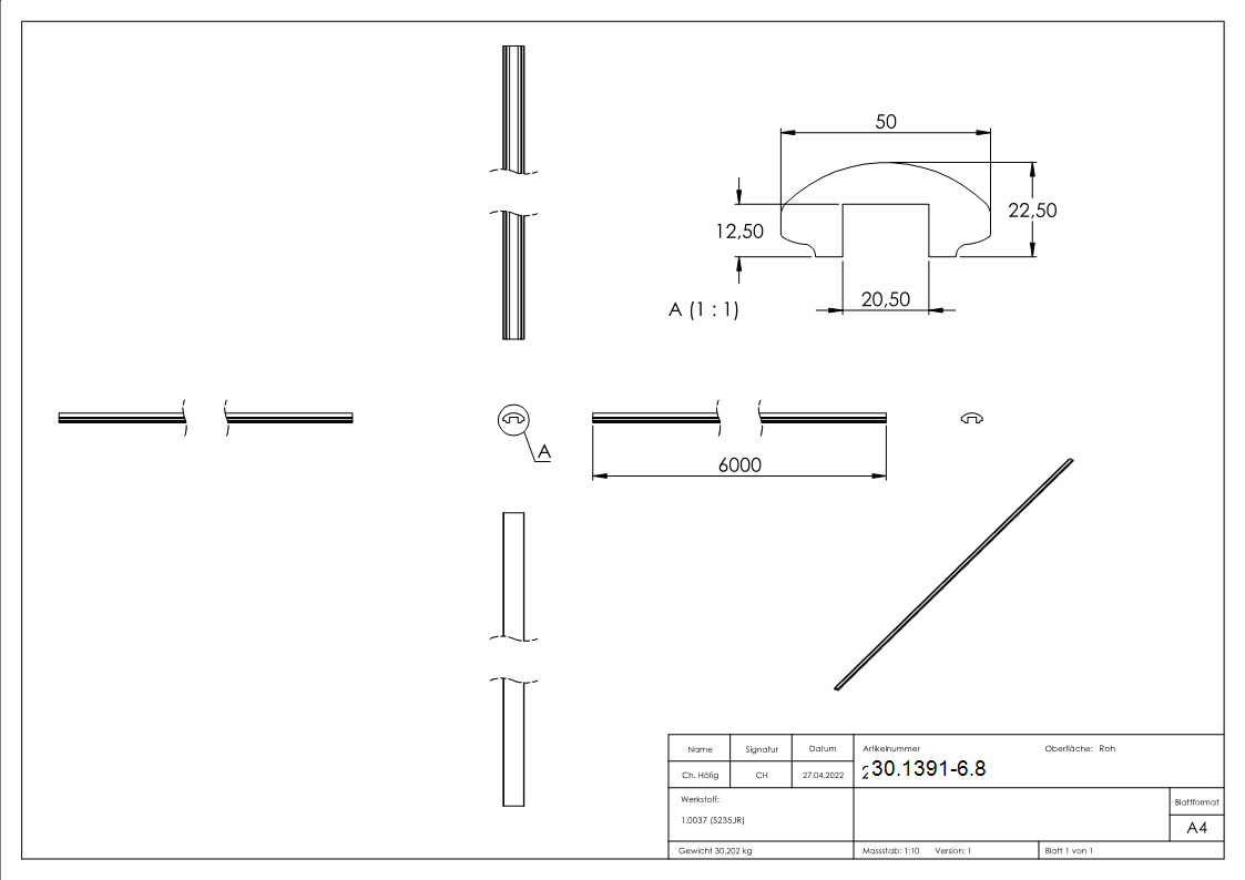 Handlauf 50x22-5 mm mit Nut 6000mm Stahl S235JR Profilrohr-30-1391-6.8