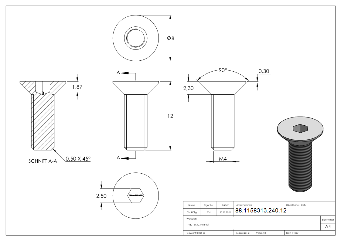 Senkkopfschraube Edelstahl A2 M4 x 12 Innensechskant ISO 10642-88-1158313-240.12