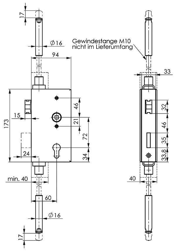 Schlosskasten - fuer Mehrfachverriegelung -  Masse- 40x94x173 mm - Stahl S235JR- roh - AMF Artikel- 13540-30-3257.8