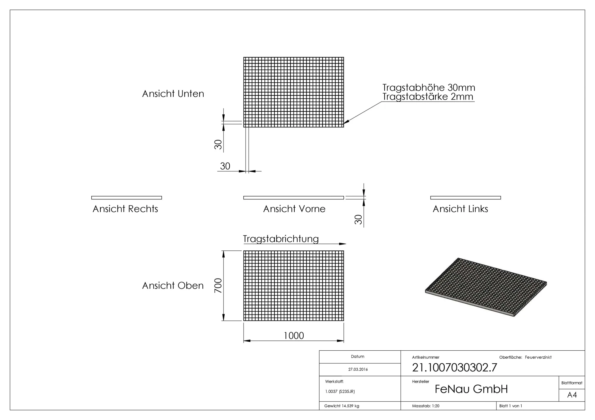 Industrie-Gitterrost - Masse- 1000x700x30 mm; MW 30-30 mm; 30-2 mm - S235JR -St37-2- im Vollbad feuerverzinkt-21-1007030302.7