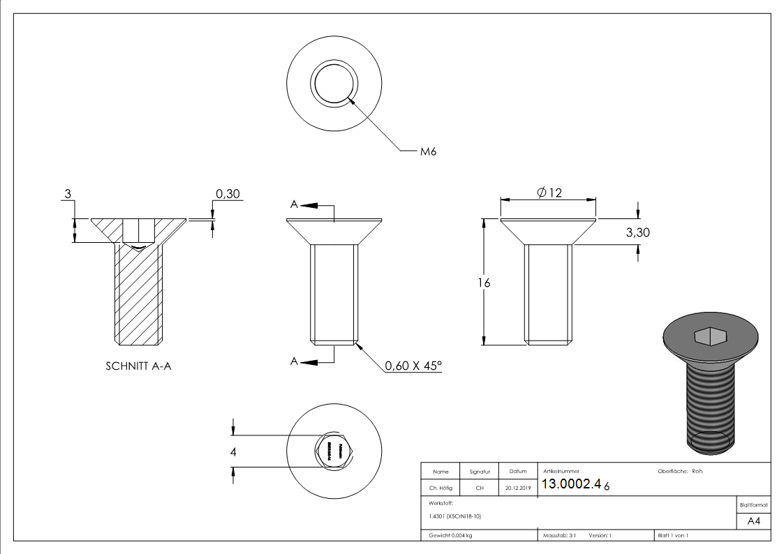 Senkkopfschraube M6x16 mm V2A-13-0002.4