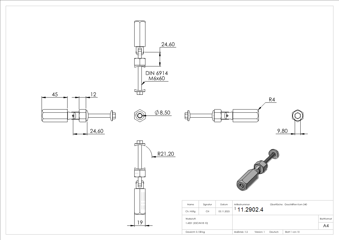 Gewindeterminal mit Gelenk - Fuer Seil Ø 6 mm - zur Selbstmontage fuer Pfosten Ø 42-4 mm - V2A-11-2902.4
