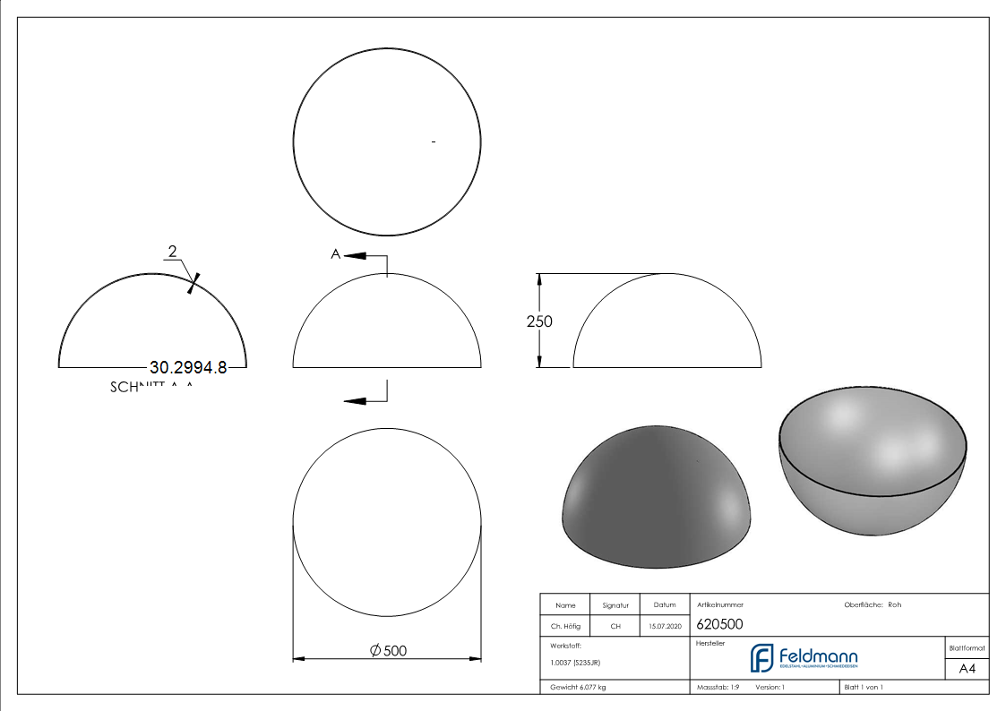 Halbhohlkugel Ø 500 mm - glatt - Stahl S235JR- roh-30-2994.8