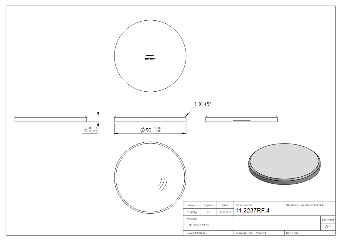 Ronde - Masse- Ø 50x4 mm - mit Rundschliff - Fase - V2A-11-2237RF.4