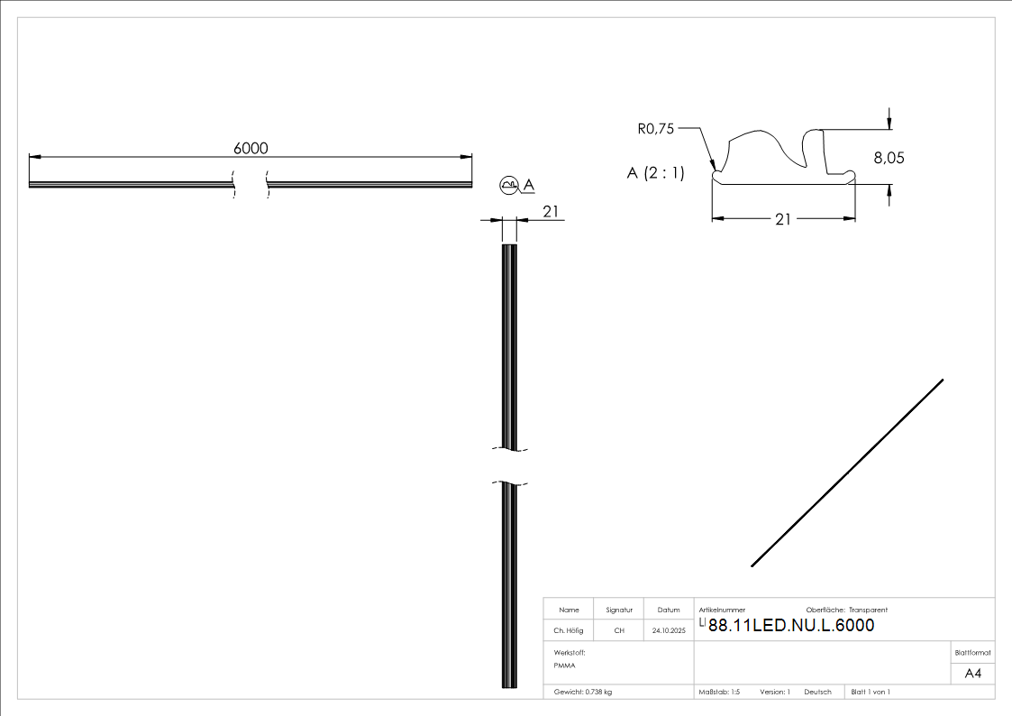 LED-Nutrohr LUNORA®- Linse fuer gerichtete Lichtverteilung- zum Einschieben in Abdeckung- L- 6000mm-88-11LED-NU-L.6000