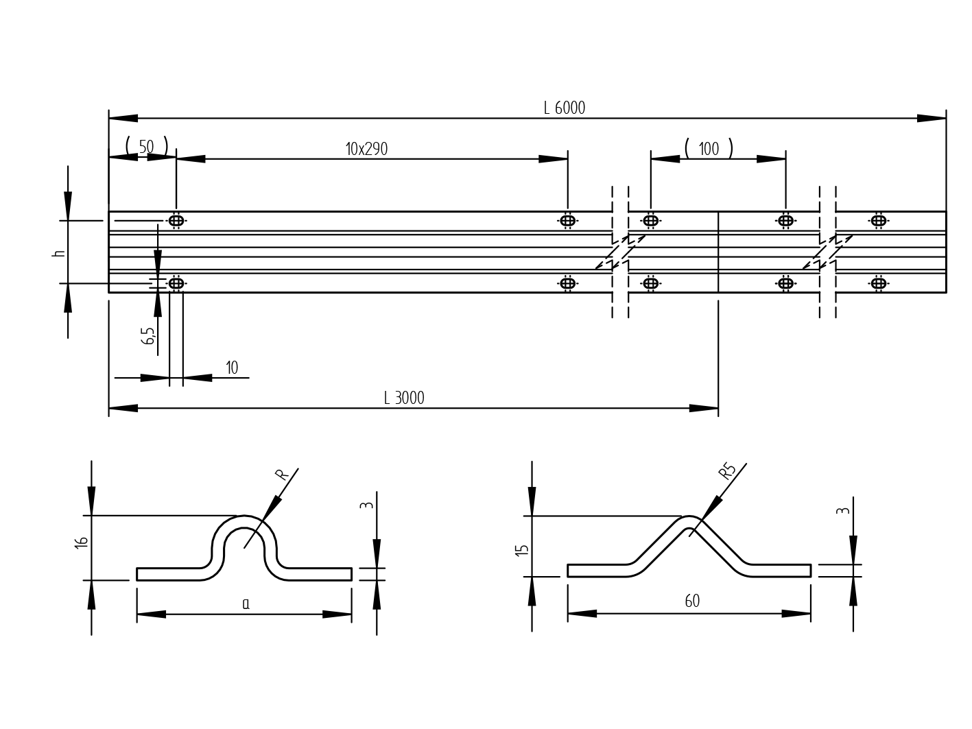 Bodenlaufschiene mit V-Rille Edelstahl V2A L=3000 mm zum Anschrauben-89-11H839V3000-A.4