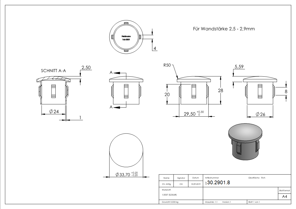 Stahlstopfen - leicht gewoelbt - fuer Ø 33-7x2-5-2-9 mm - Stah S235JR- roh-30-2901.8