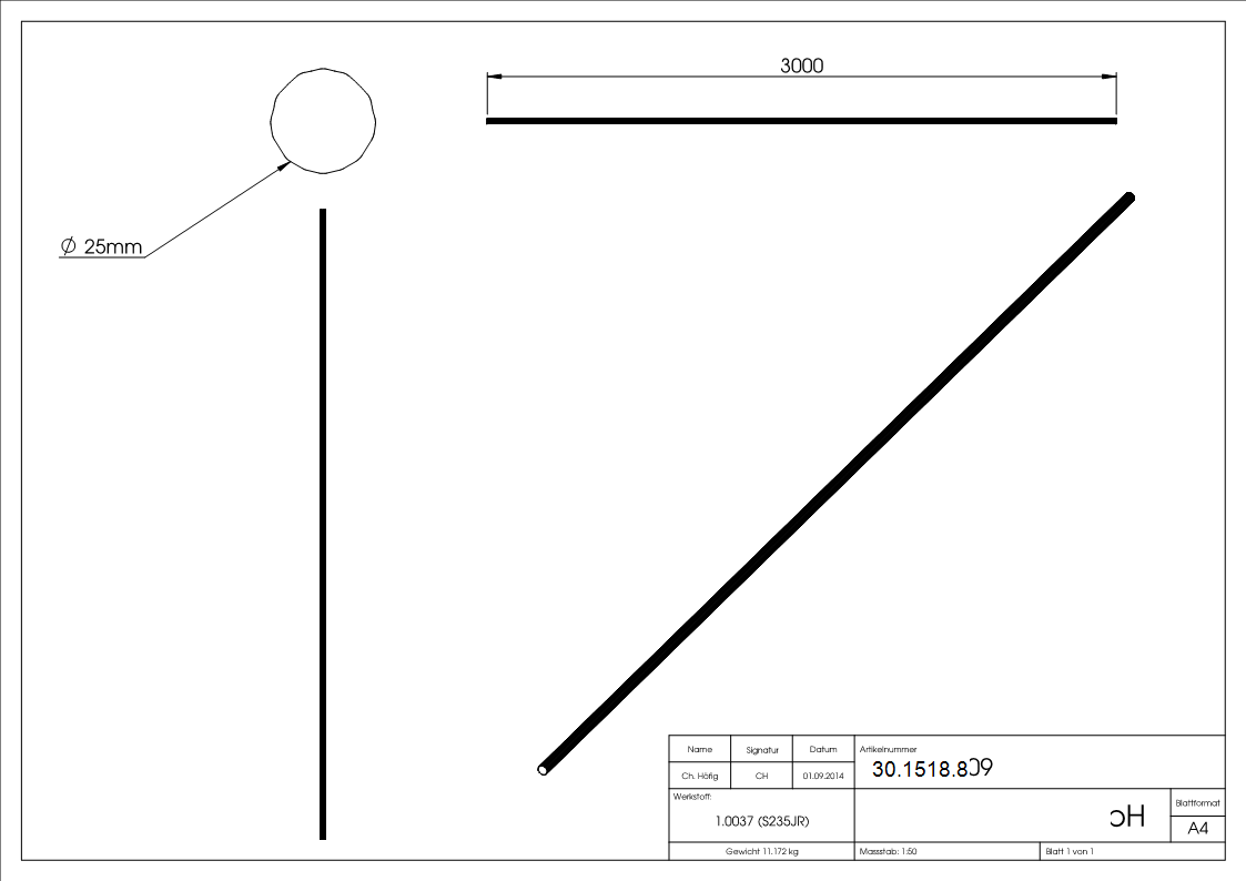 Rundeisen geschmiedet Ø 25 mm Laenge- 3000 mm Stahl -Roh- S235JR-30-1518.8
