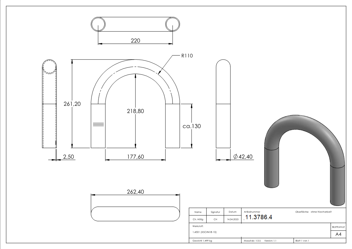 Bogen 180° zum Schweissen aus Rundrohr- Ø 42-4x2-6 mm V2A-11-3786.4