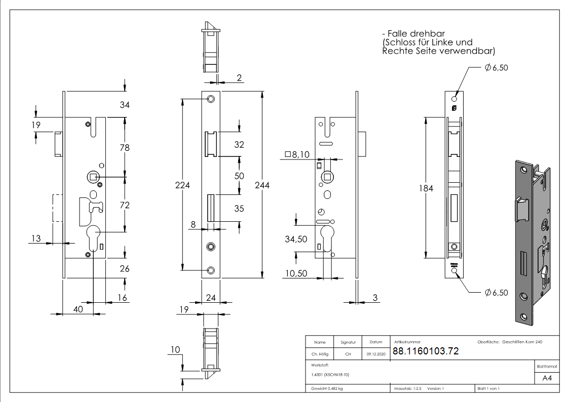 Rohrrahmenschloss verzinkt Dornmass 40mm Abstand 72mm Stulpe Edelstahl geschliffen-88-1160103.72
