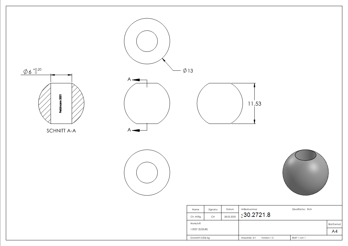 Annietkugel - Ø 13 mm Kopf - Ø 6 mm Bohrung - Stahl S235JR- roh-30-2721.8