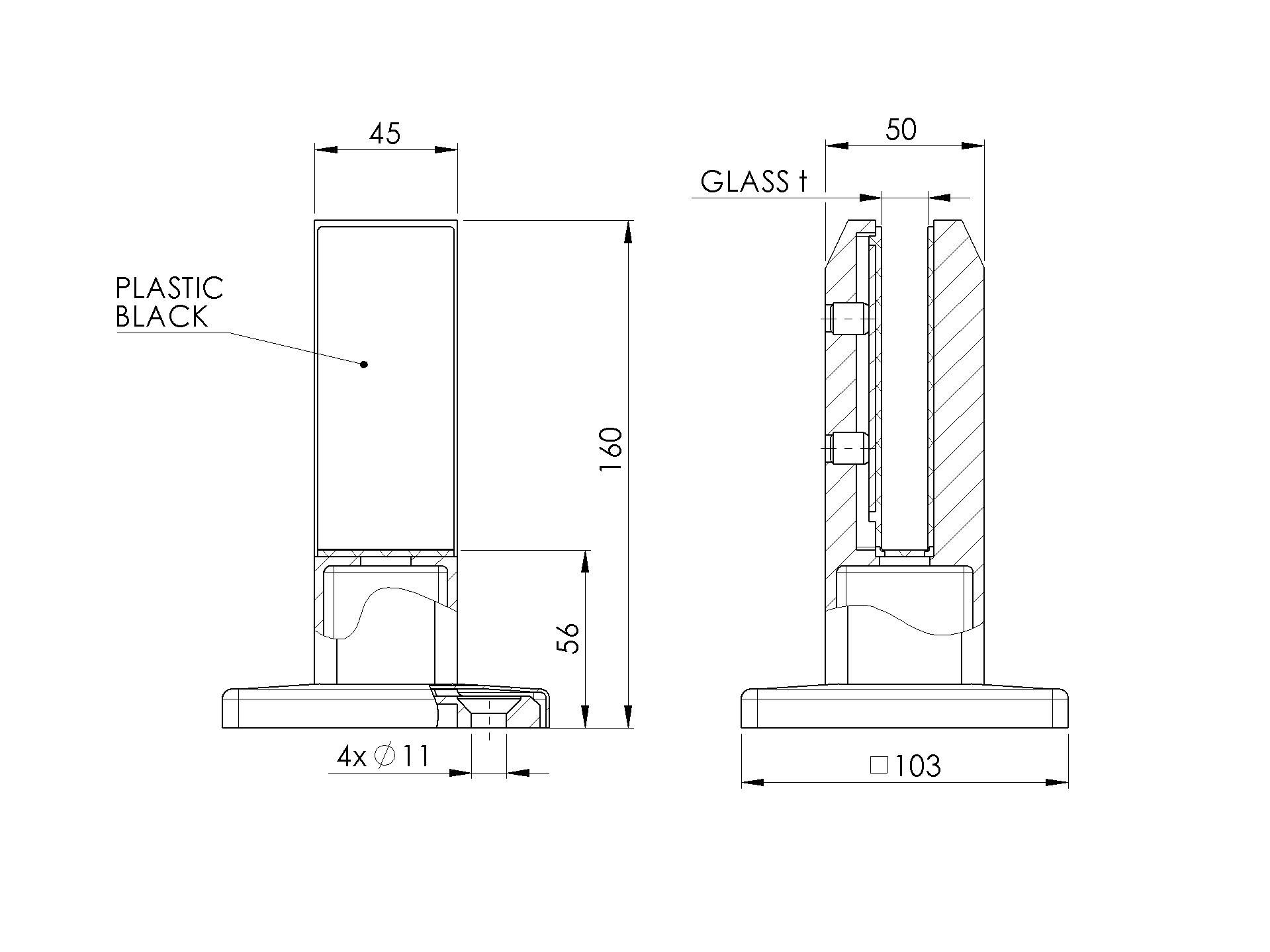 Edelstahl Glashalter stehend - Klemmbeschlag fuer 12-13-5mm Glas - AISI 316-89-11A146220014-A.4