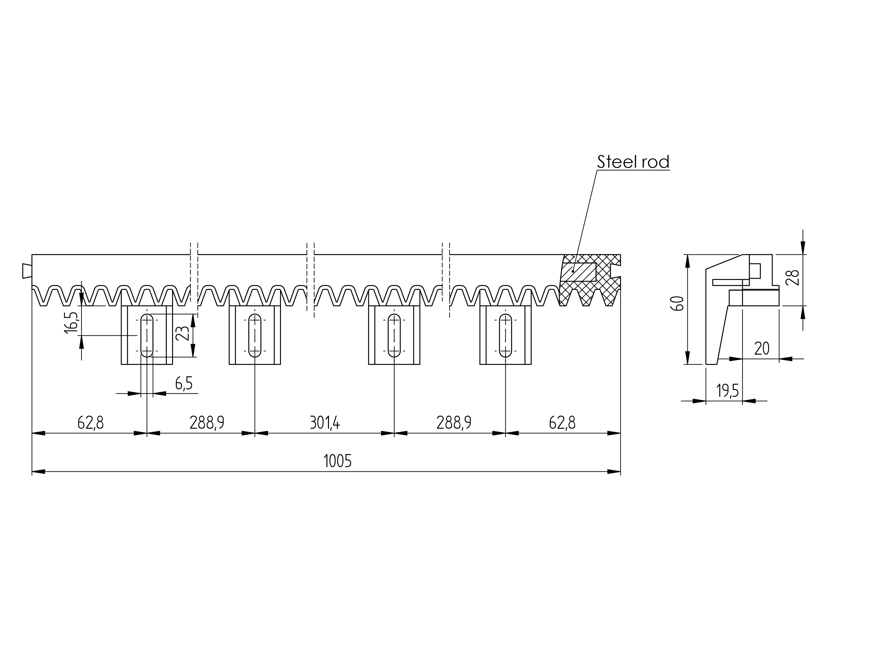 Zahnstange Stahl - Nylon 27 x 20 mm L=1000 mm Modul 4 fuer Schiebetore-89-11H01PVCJ-A.4