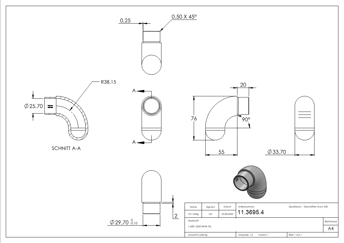 Endstueck 90° halbrund- fuer Rundrohr Ø 33-7x2-0 mm V2A-11-3695.4