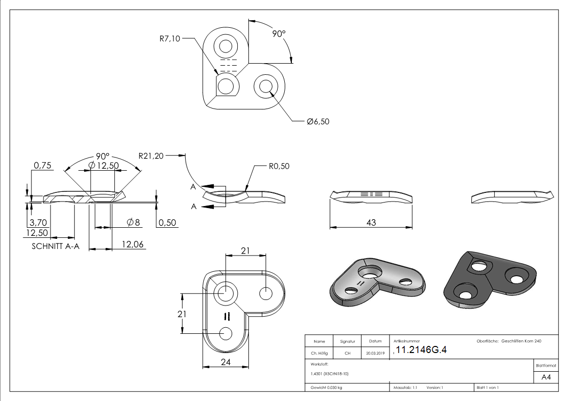 Handlaufanschlussplatte 90° fuer Rohr Ø 42-4 mm mit gesenkten Aussenbohrungen V2A-11-2146G.4