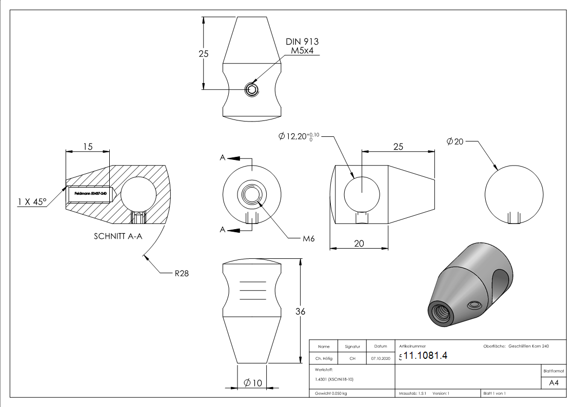 Querstabhalter V2A Edelstahl – konisch -Design- mit M6 Gewinde fuer Rundstaebe 12 mm-11-1081.4