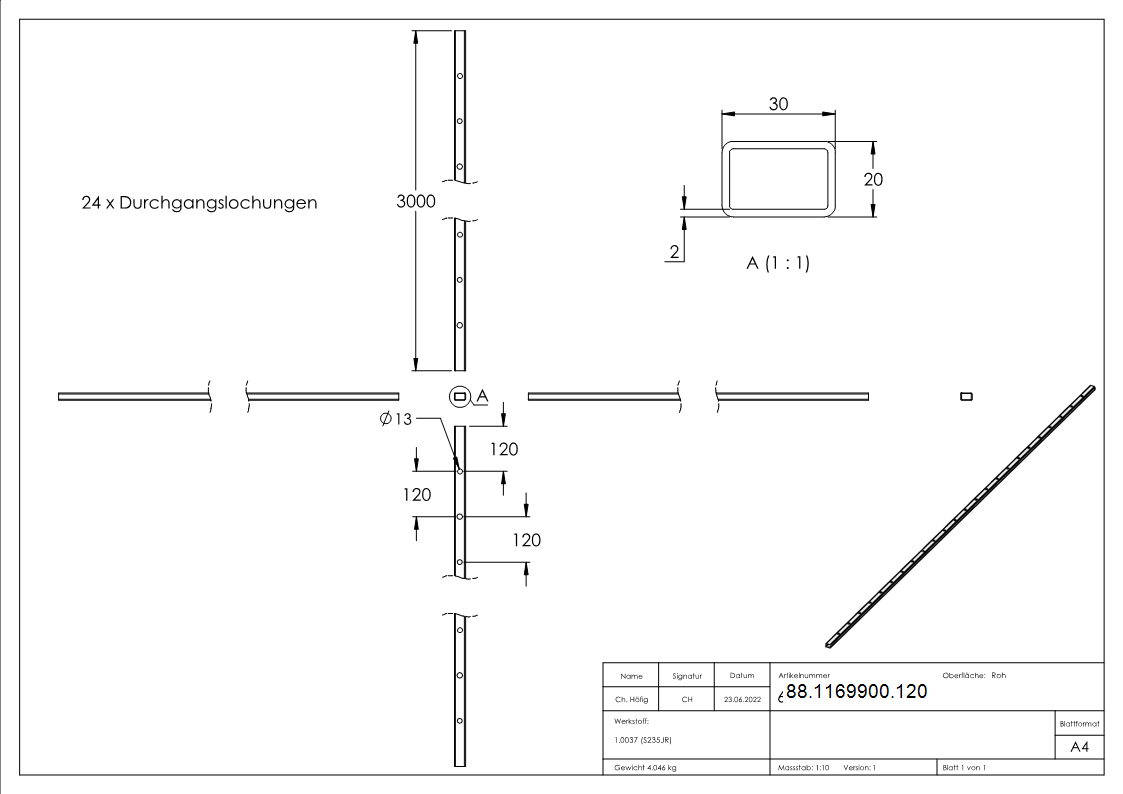Rechteckrohr 30 x 20 x 2mm- gelocht fuer Ø 12mm mit Abstand Mitte-Mitte 120mm- Laenge 3m-88-1169900.120