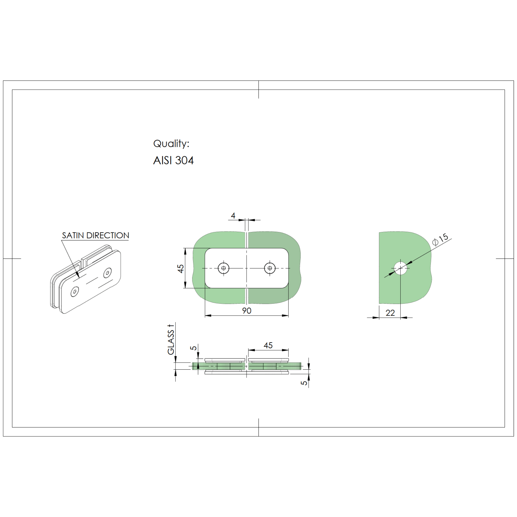 Glashalter Edelstahl V2A 45x45 mm fuer Glas 8-10 mm Glas-Glas 180-89-11GS304ZP917SB-A.4