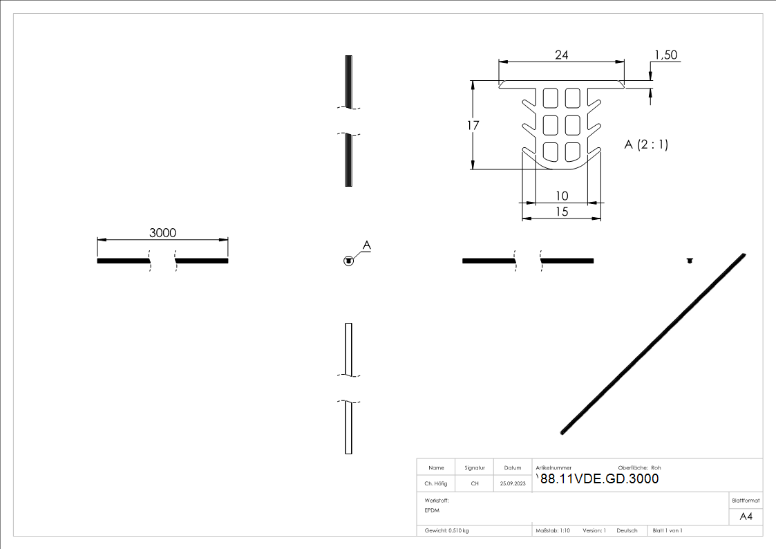 Zwischendichtung fuer Glaeser- L=3000mm-88-11VDE-GD.3000