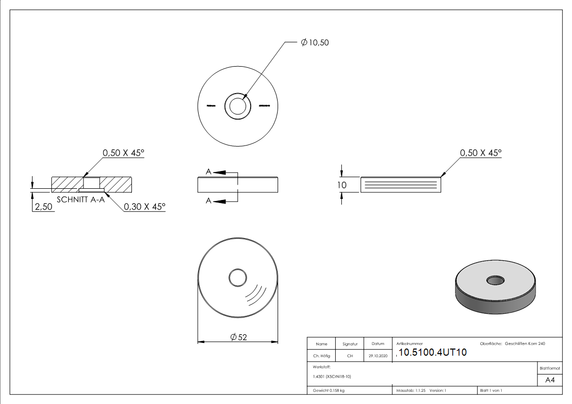 Glaspunkthalter-Unterteil Ø 52 mm- V2A- Hoehe- 10 mm-10-5100.4UT10