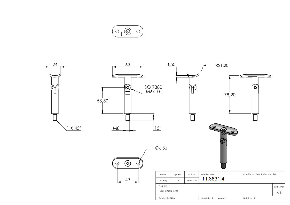 Gelenkstift mit Halteplatte - Anschluss- Ø 42-4 mm - V2A-11-3831.4