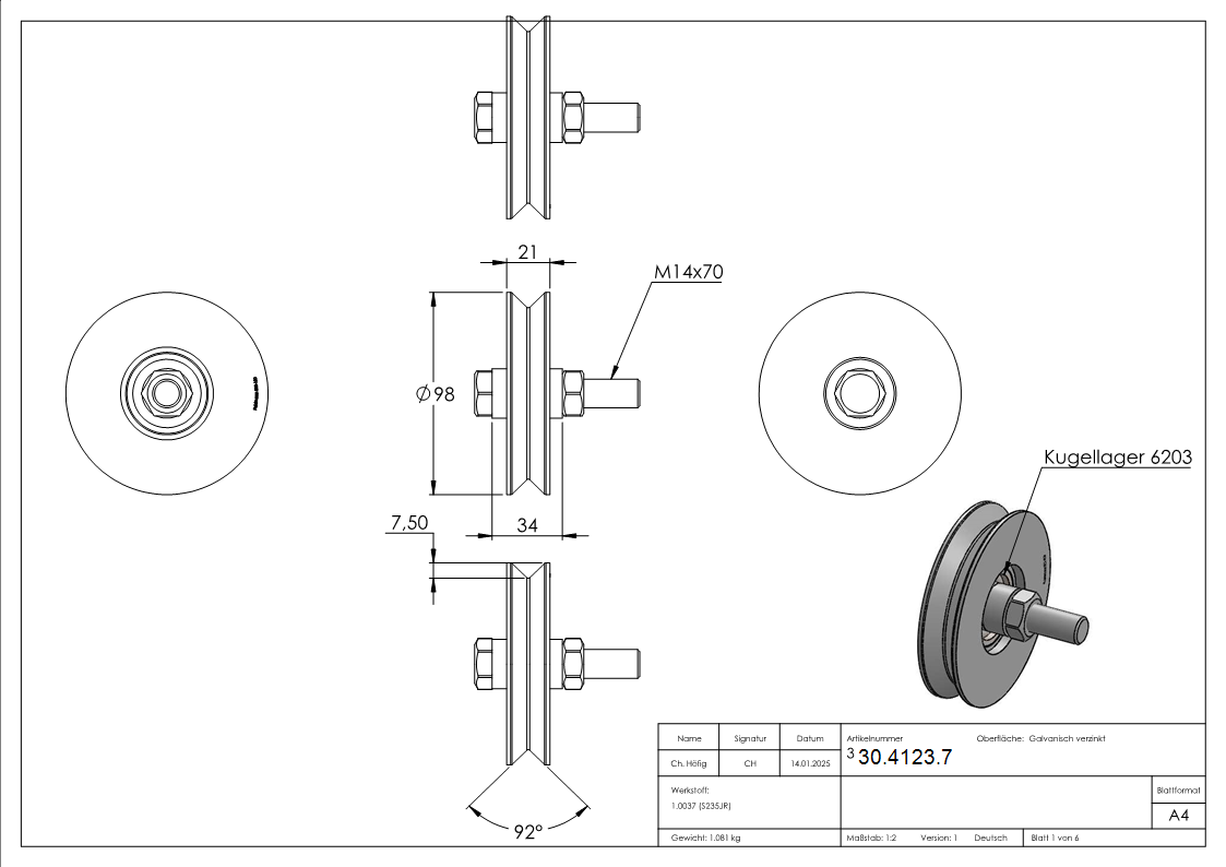 Schiebetorrolle -  98 mm - V-Rille - Stahl S235JR- verzinkt-30-4123.7