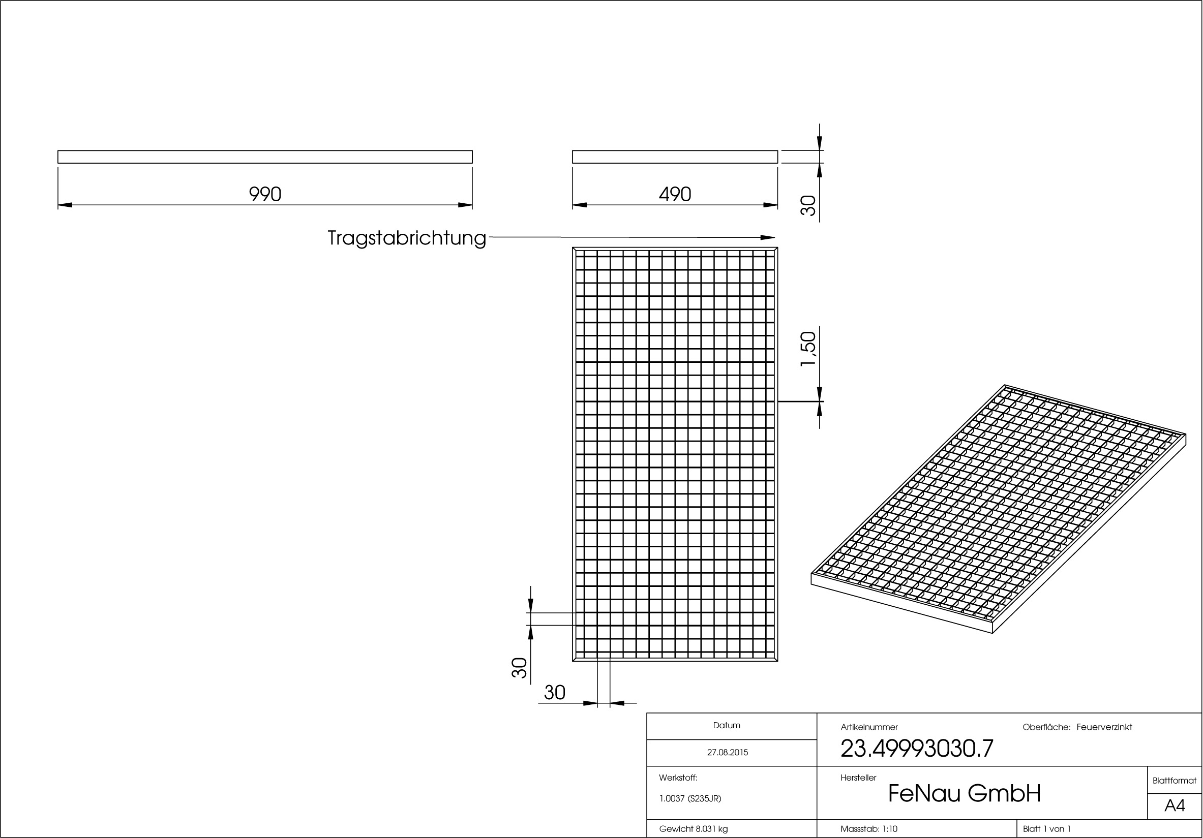 Lichtschachtrost Baunormrost - Masse-  490x990x30 mm 30-30 mm - aus S235JR -St37-2- im Vollbad feuerverzinkt-23-49993030.7