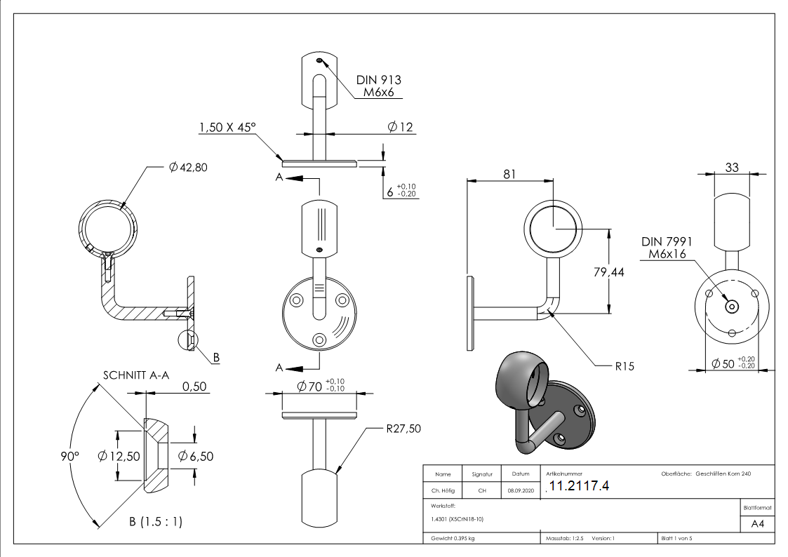 Handlaufhalter mit Kugelring fuer Rundrohr Ø 42-4 mm V2A-11-2117.4
