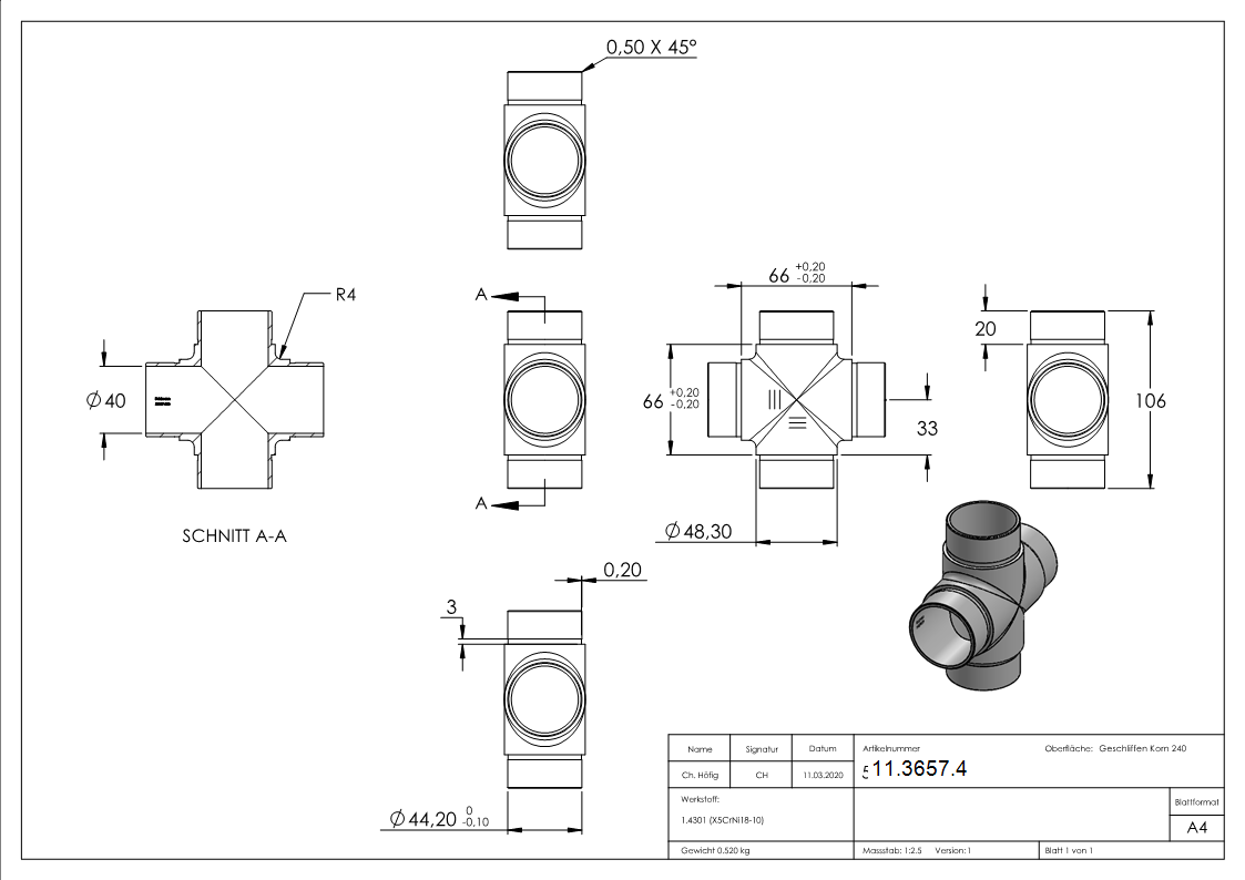 Kreuzstueck mit gleichem Abgang fuer Rundrohr Ø 48-3x2-0 mm V2A-11-3657.4