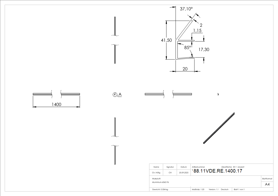 Regenrinne fuer Vordaecher- Glas 17-52mm- L=1400mm- E4-EV1-88-11VDE-RE-1400.17
