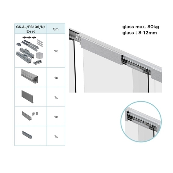 Glastuer Schiebetuer System Oberfuehrung AL- 3000mm- Softstop- 8-12mm Glas-89-11GSALP8106NESET-A.4