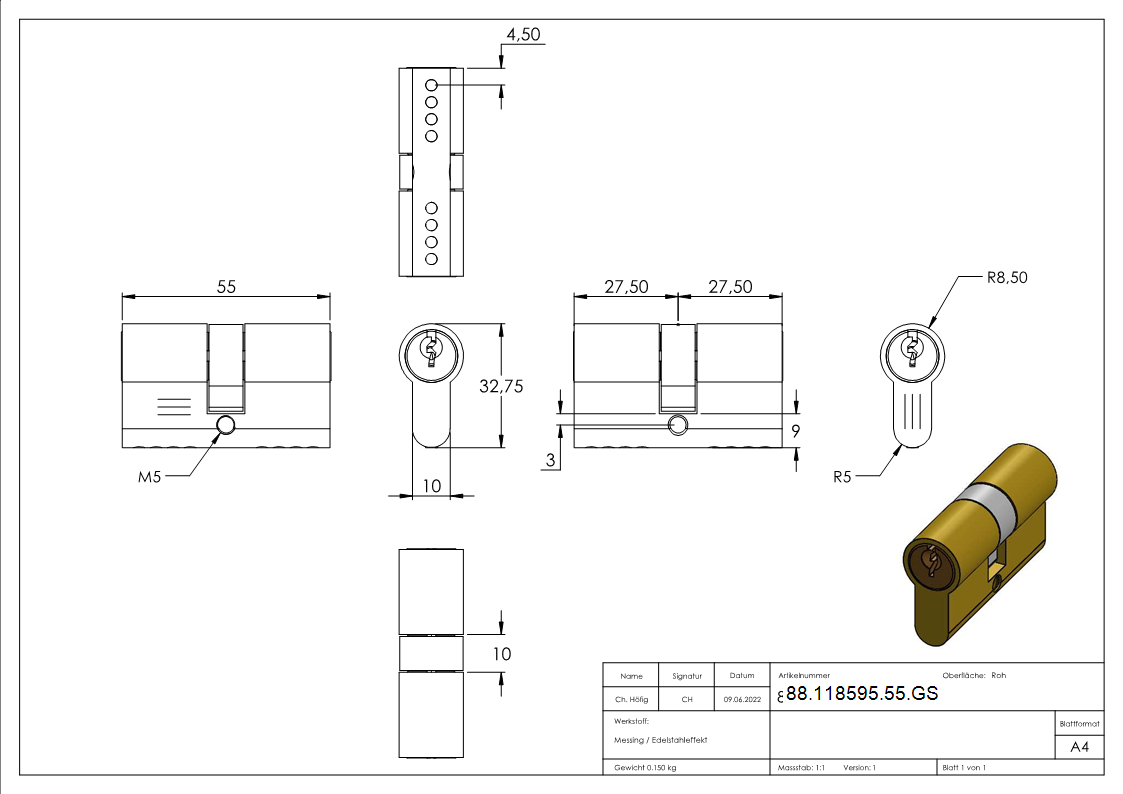 Profilzylinder- Laenge 55mm- gleichschliessend-88-118595-55.GS