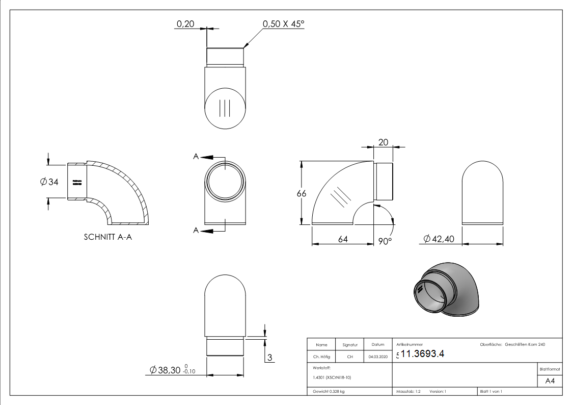 Endbogen V2A Ø 42-4 x 2-0 mm 90° flach-11-3693.4