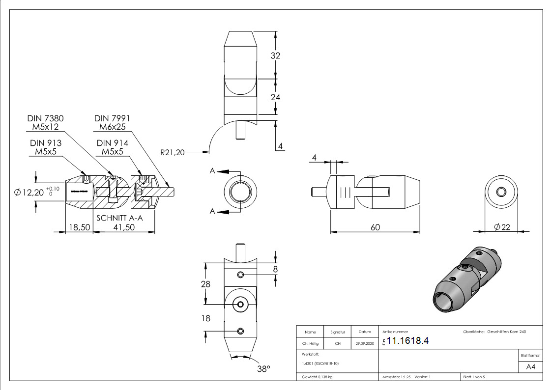 Querstabhalter V2A Edelstahl mit Gelenk – Anschluss 42-4 mm fuer Rundstaebe 12 mm inkl- Schrauben-11-1618.4