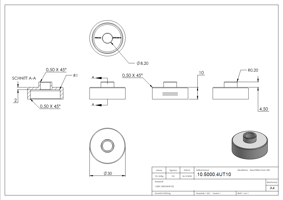 Glaspunkthalter-Unterteil Ø 30 mm- V2A- Hoehe- 10 mm-10-5000.4UT10